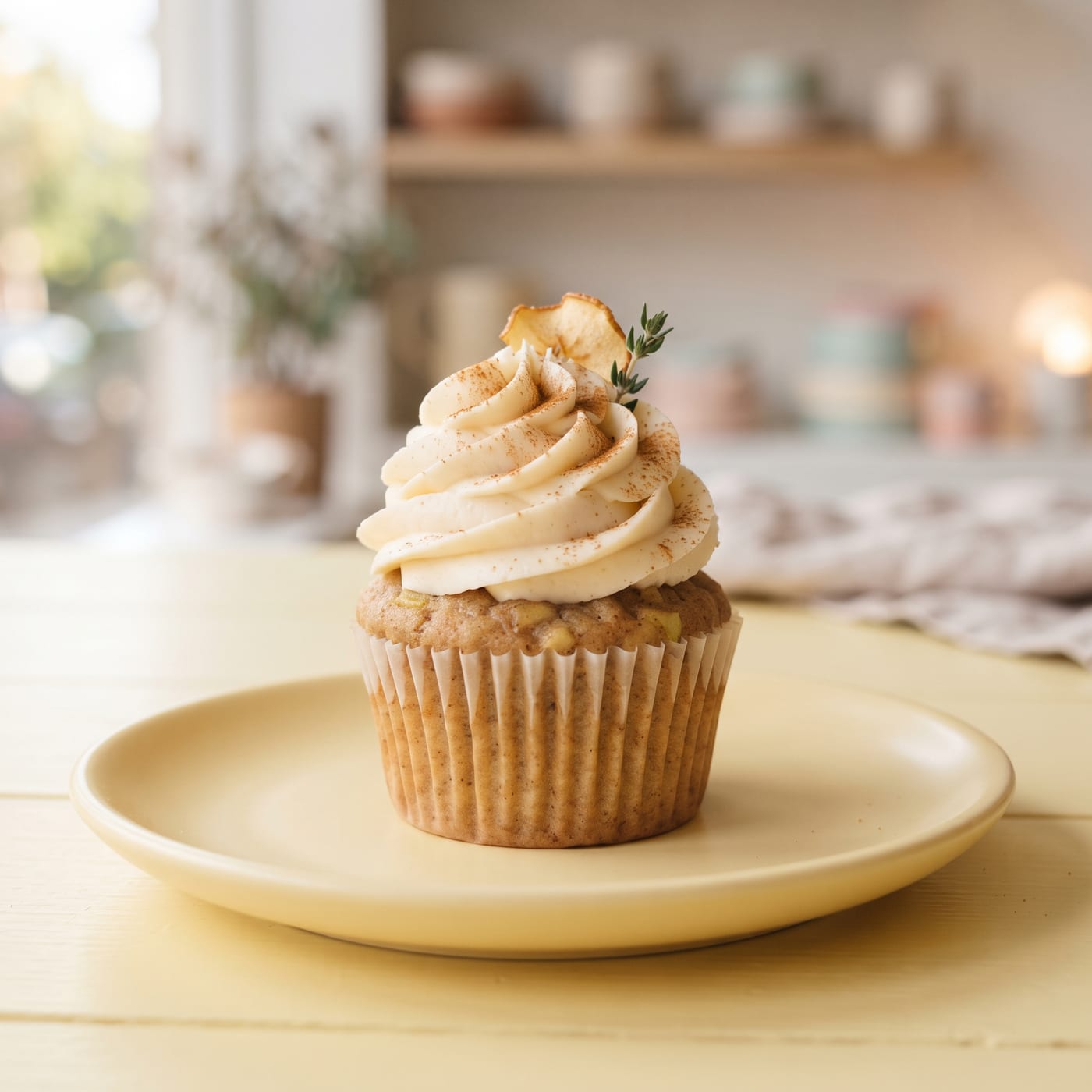 Vegan apple spice cupcake with tall swirled cream frosting and a cinnamon dusting on a pastel background
