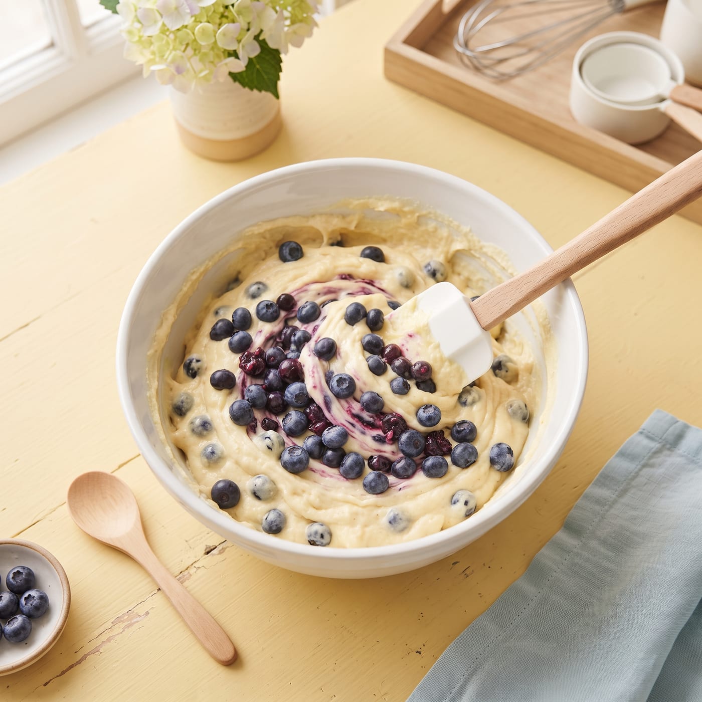 Small blueberries being folded gently into pale cupcake batter in a mixing bowl