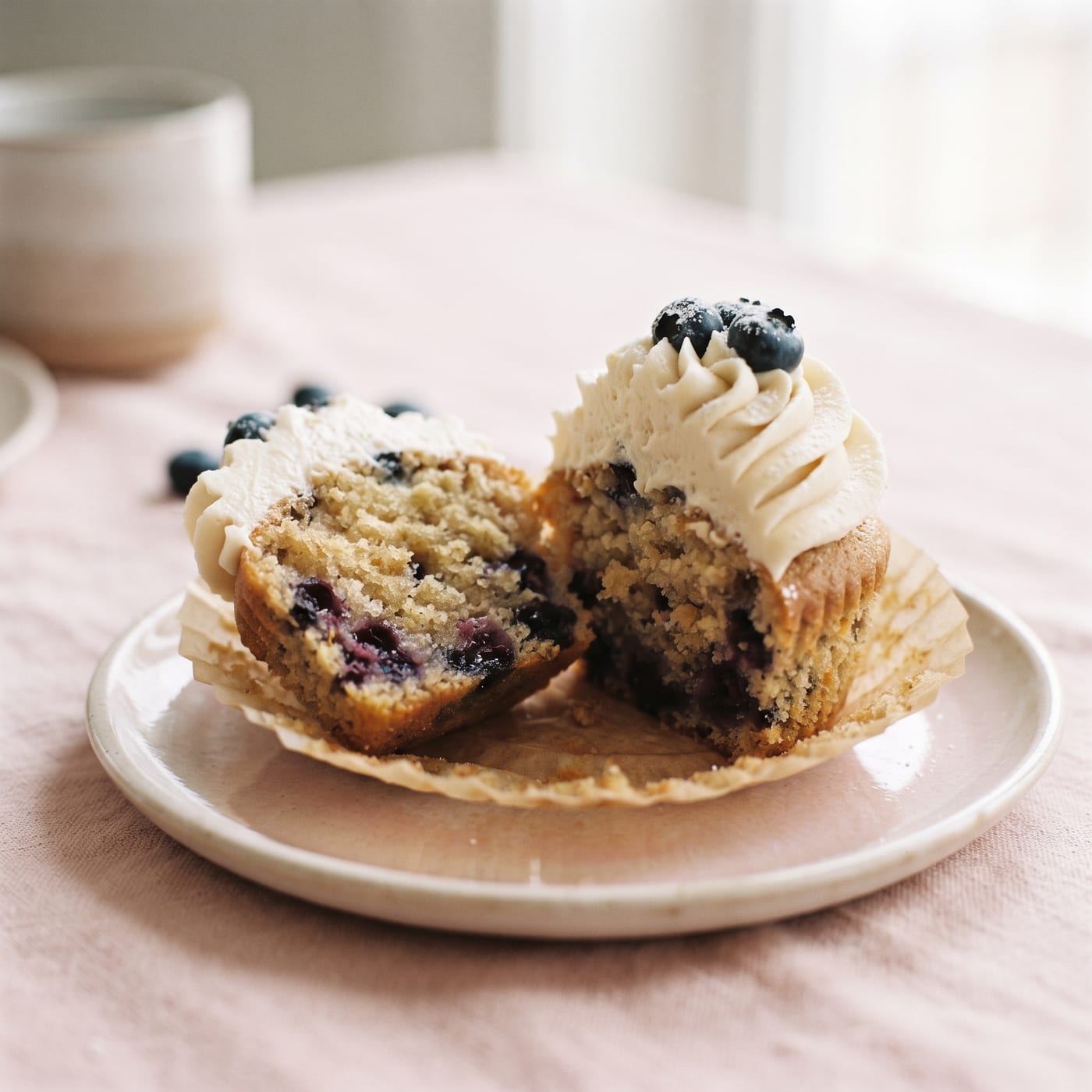 Close up of blueberry cupcake crumb showing small blueberries throughout the sponge