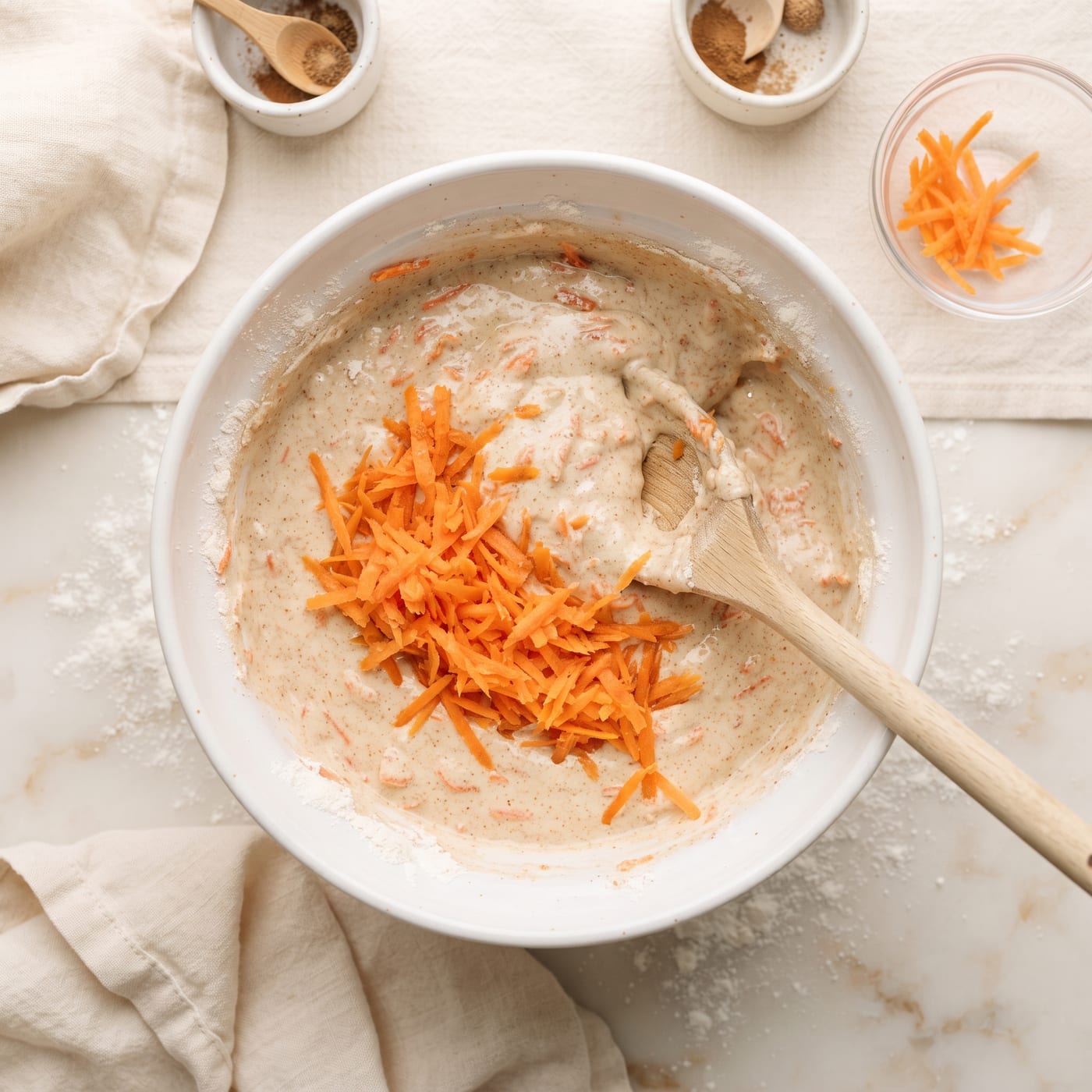 Bowl of finely grated carrot being folded into vegan cupcake batter