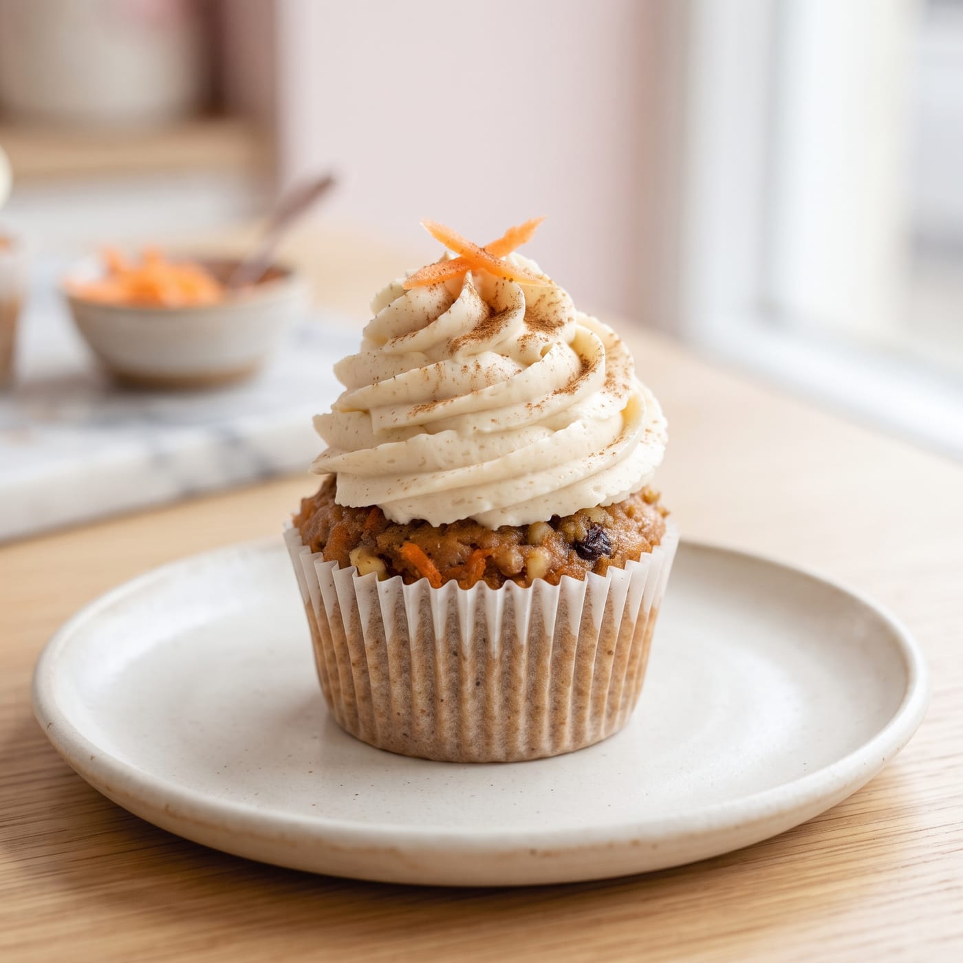 Close up of vegan cream cheese frosting swirl with a strand of grated carrot on top