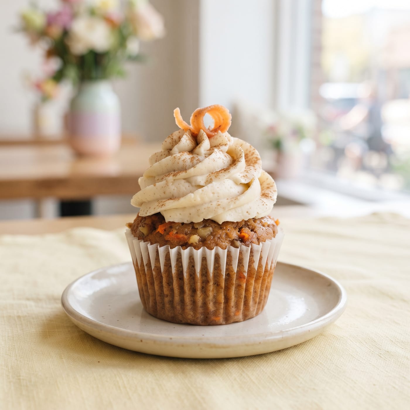 Vegan carrot cream cupcake with tall swirled vegan cream cheese frosting on a pastel background