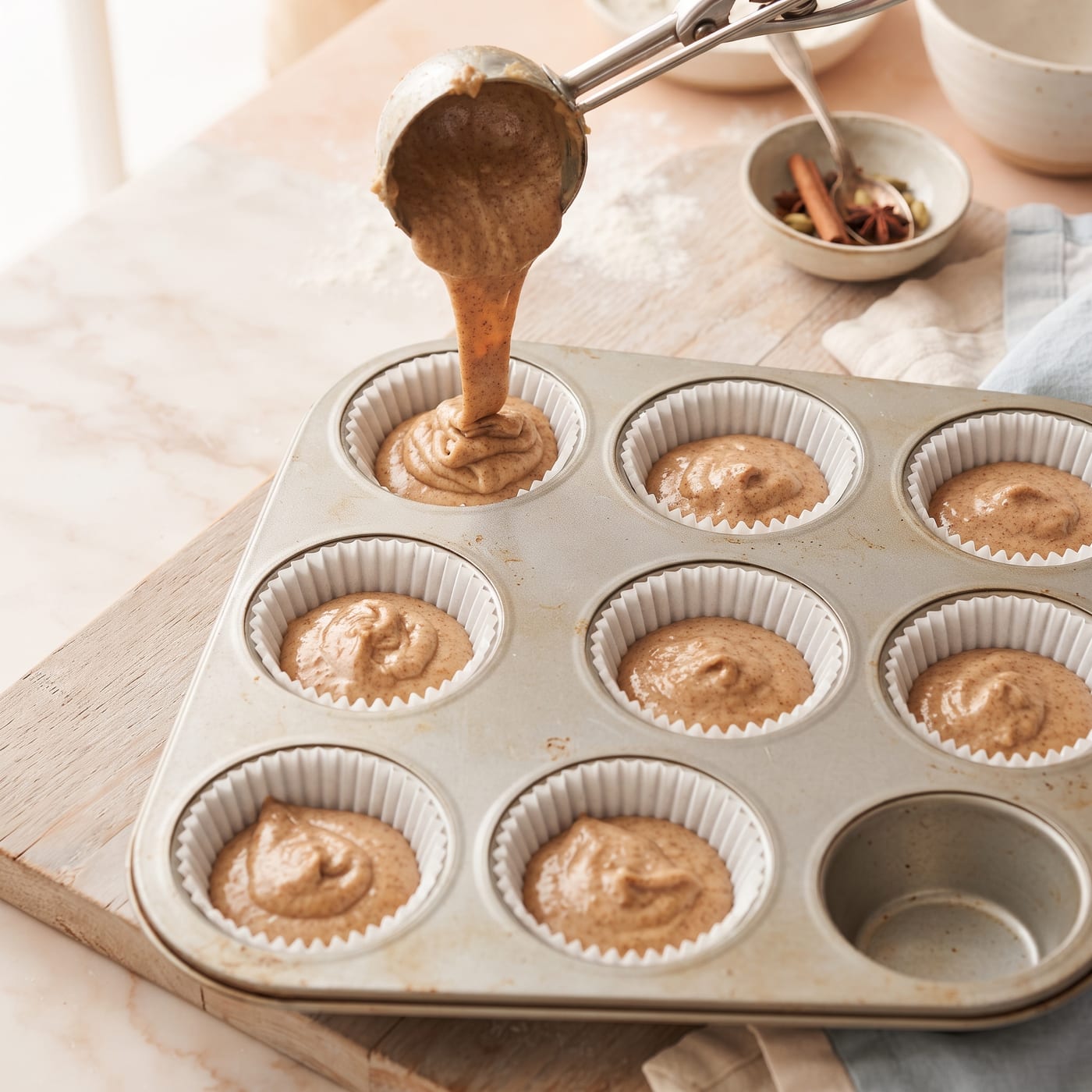 Chai spiced cupcake batter being poured into paper liners in a muffin pan