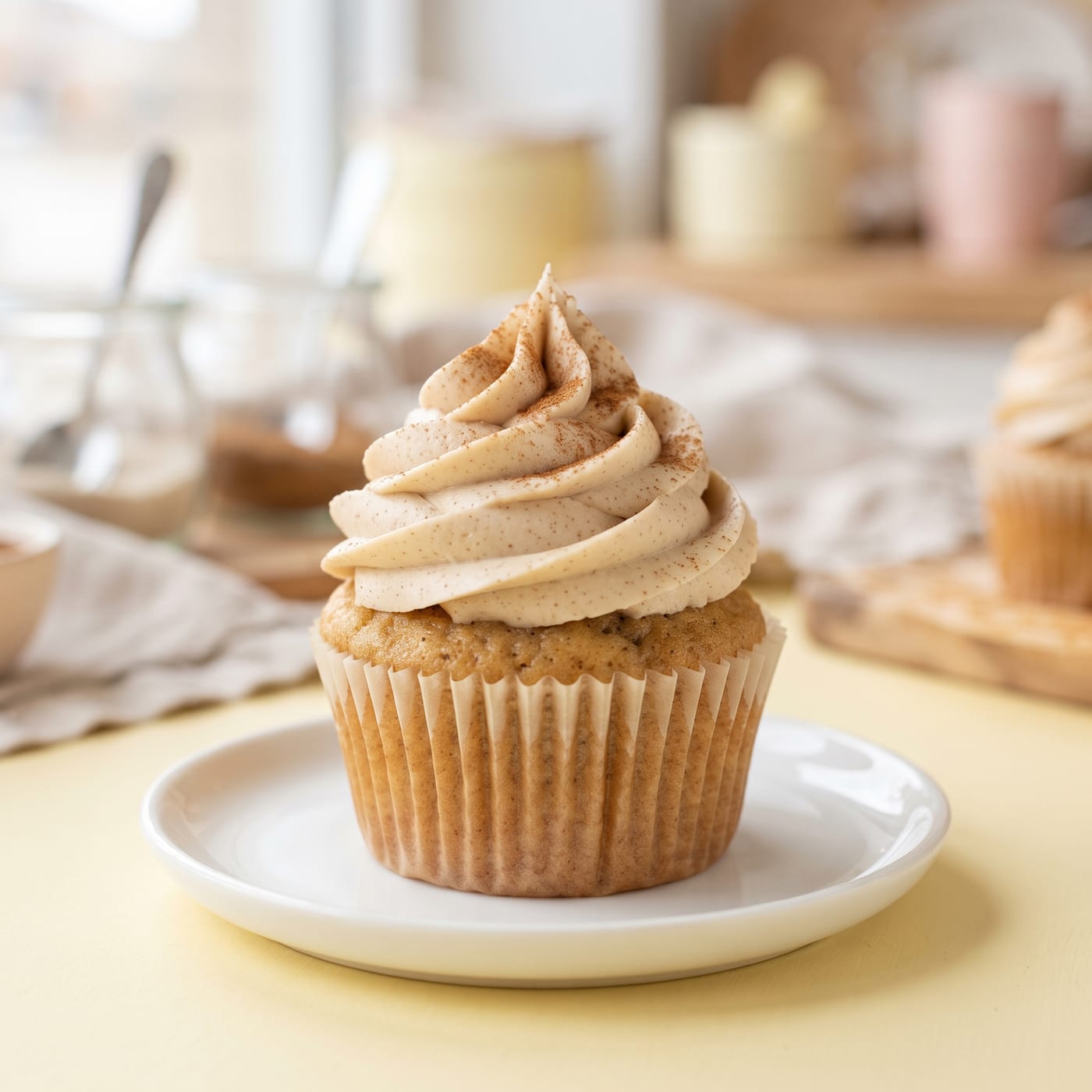 Close up of vegan chai latte cupcake frosting swirl with a light dusting of cinnamon