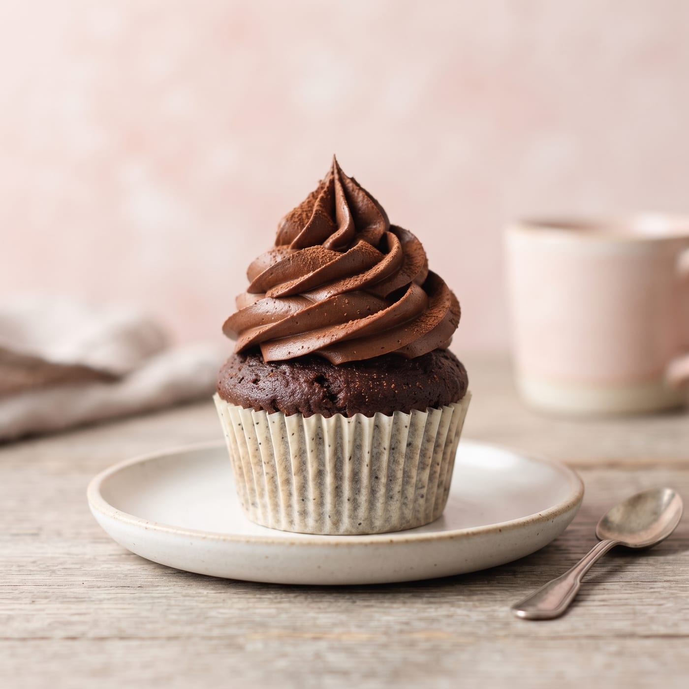 Vegan chocolate cupcake with tall swirled chocolate frosting on a pastel background