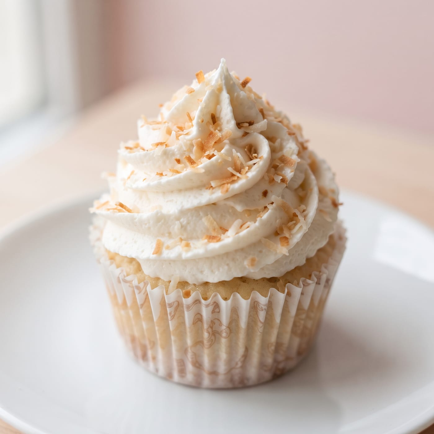 Close up of whipped coconut cream frosting texture with toasted coconut on a cupcake