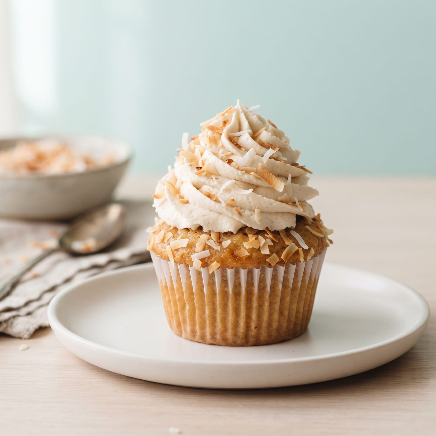 Vegan coconut cupcake with tall swirled coconut whip frosting and toasted coconut flakes on a pale aqua background