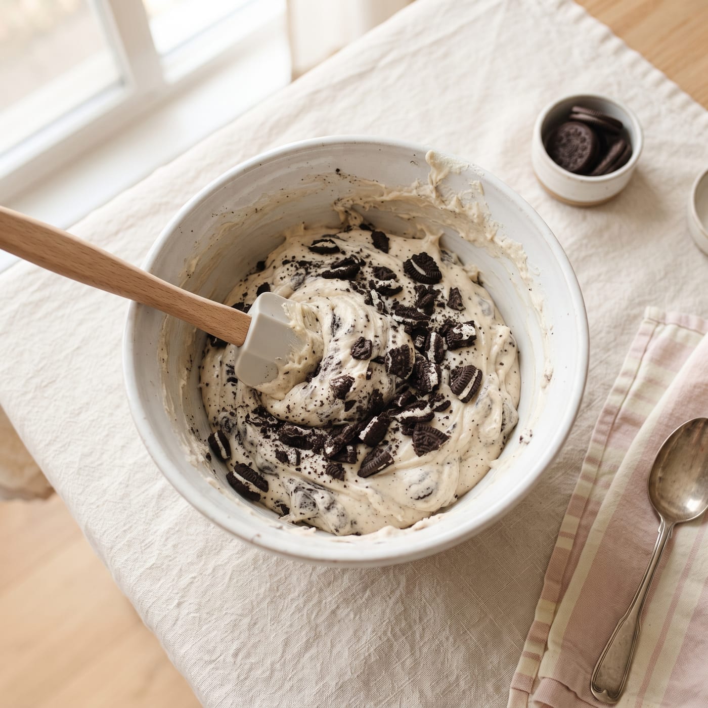 Cookie crumbs being folded into vegan cupcake batter in a mixing bowl