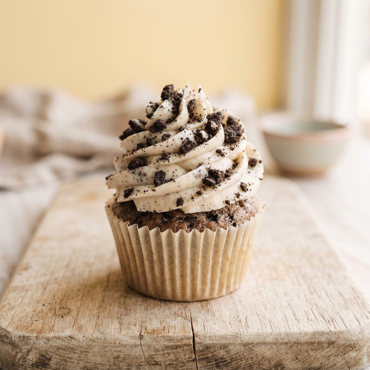 Close up of cupcake frosting swirl studded with cookie crumb pieces