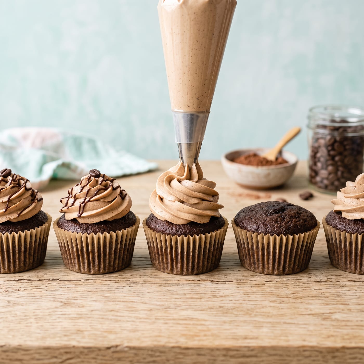 Piping bag swirling mocha buttercream onto a row of unfrosted vegan cupcakes