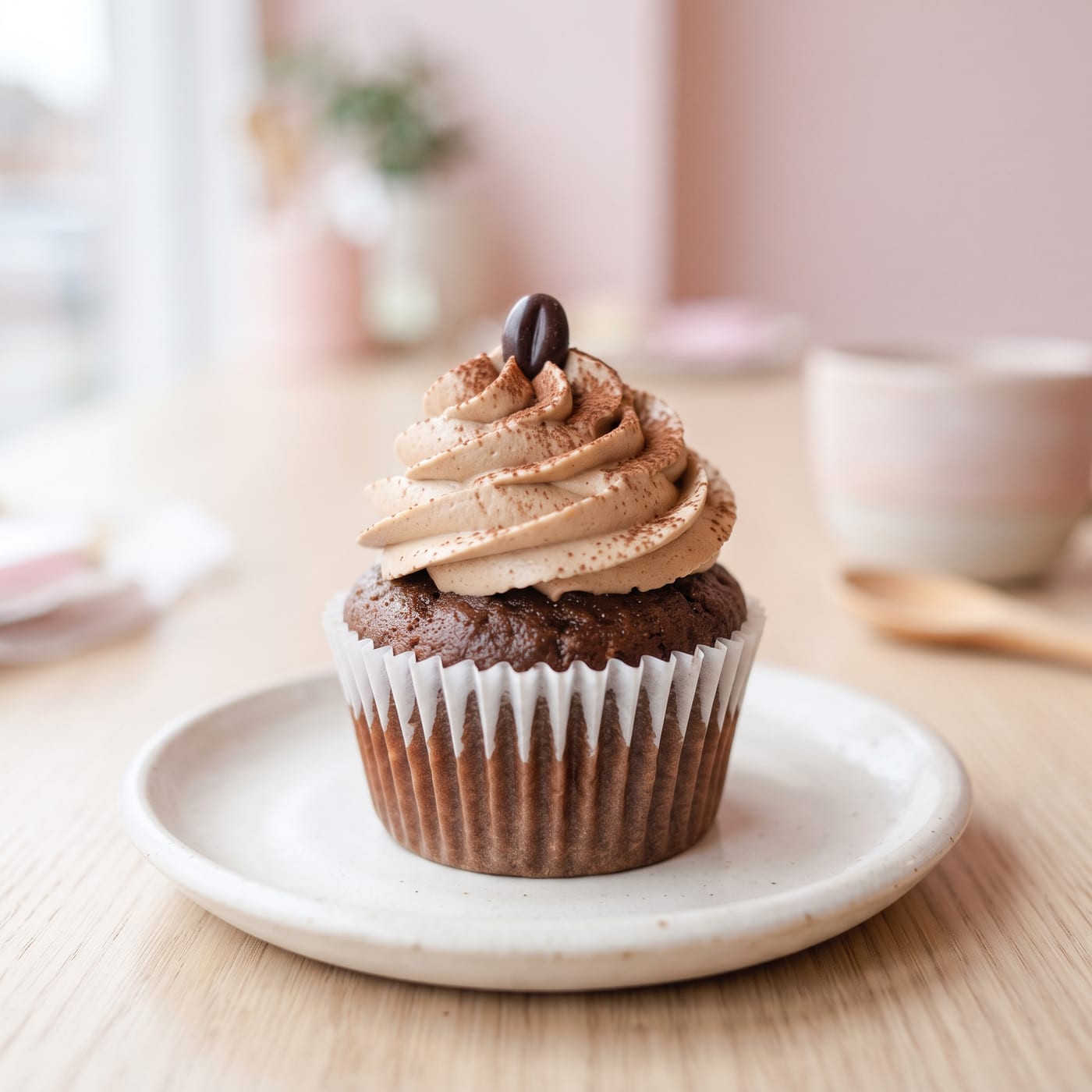 Close up of mocha cupcake swirl topped with a chocolate covered coffee bean