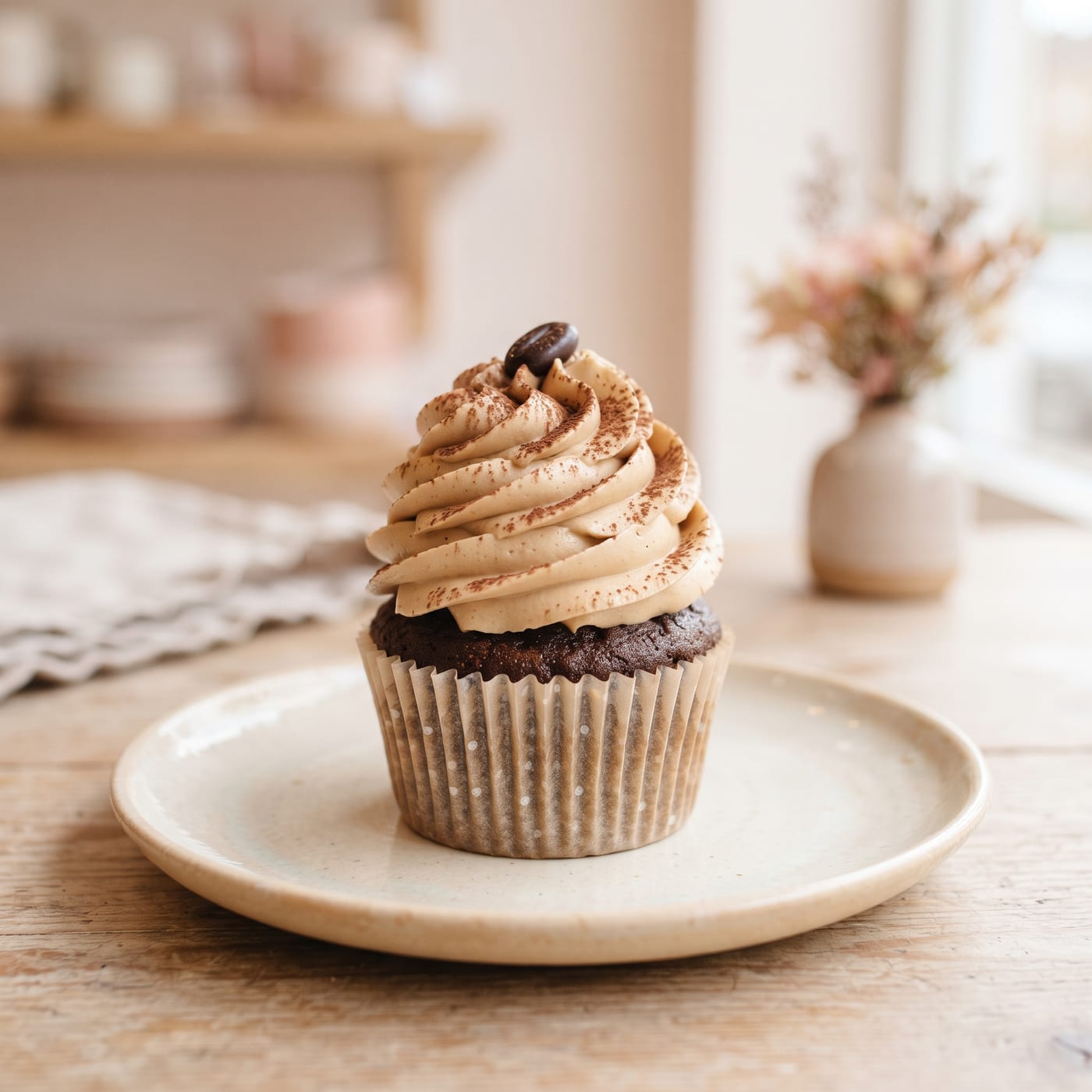 Vegan double mocha cupcake with tall swirled coffee cocoa buttercream on a pastel background
