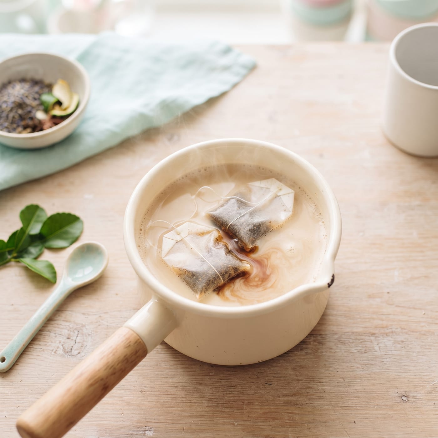 Earl Grey tea bags steeping in warm oat milk in a small pot