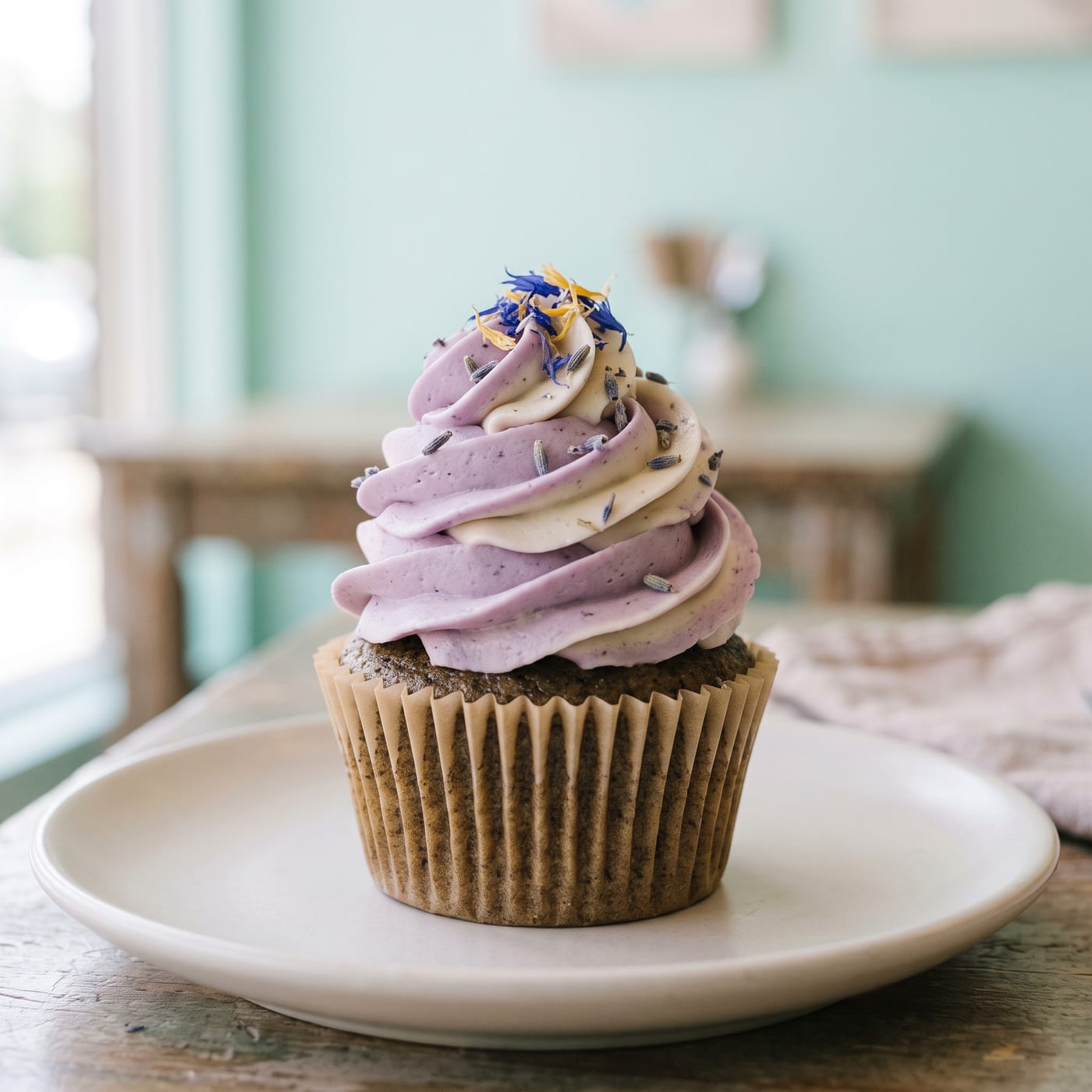 Close up of lavender vanilla frosting swirl on top of an Earl Grey cupcake