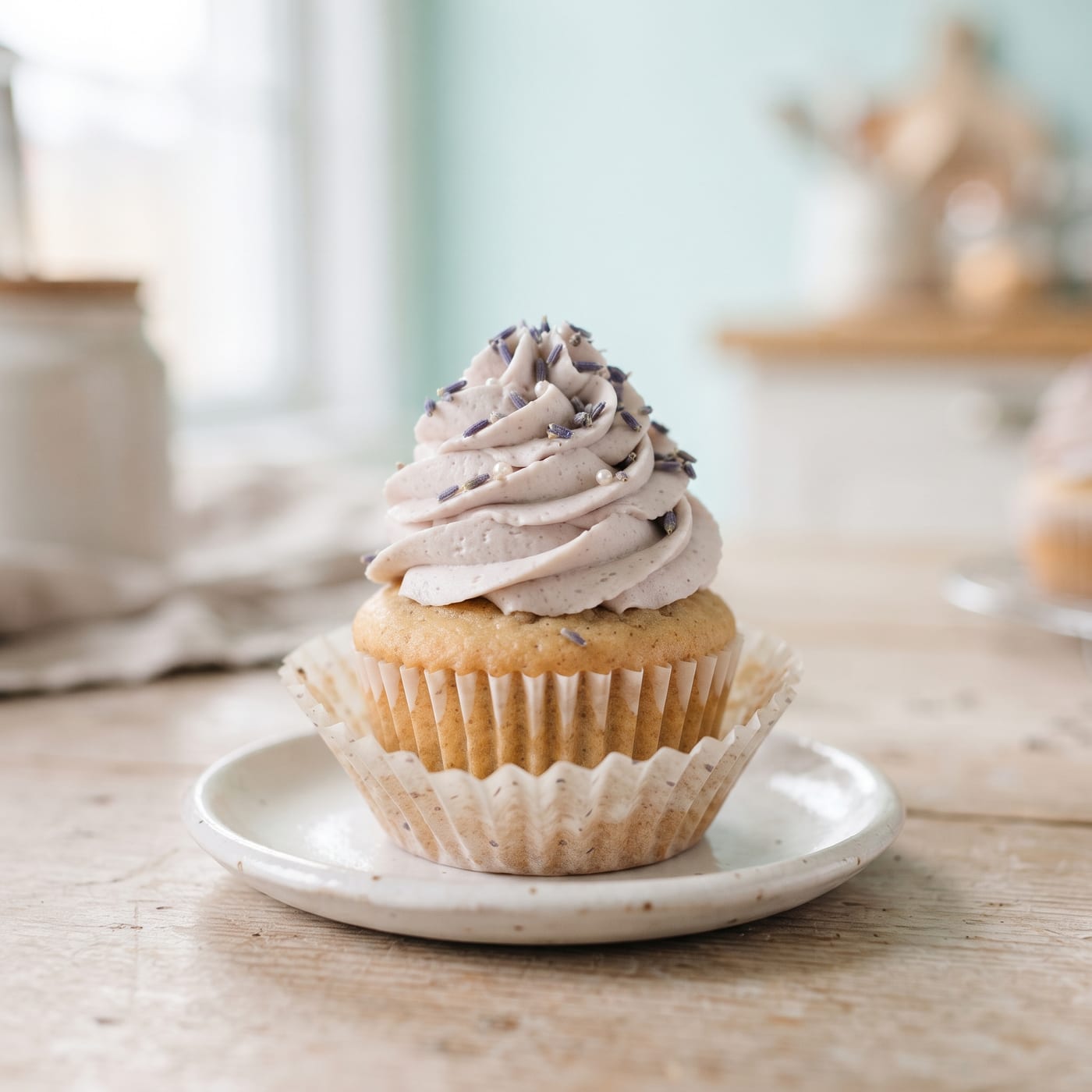 Vegan Earl Grey tea cupcake with tall swirled lavender vanilla frosting on a pale aqua background