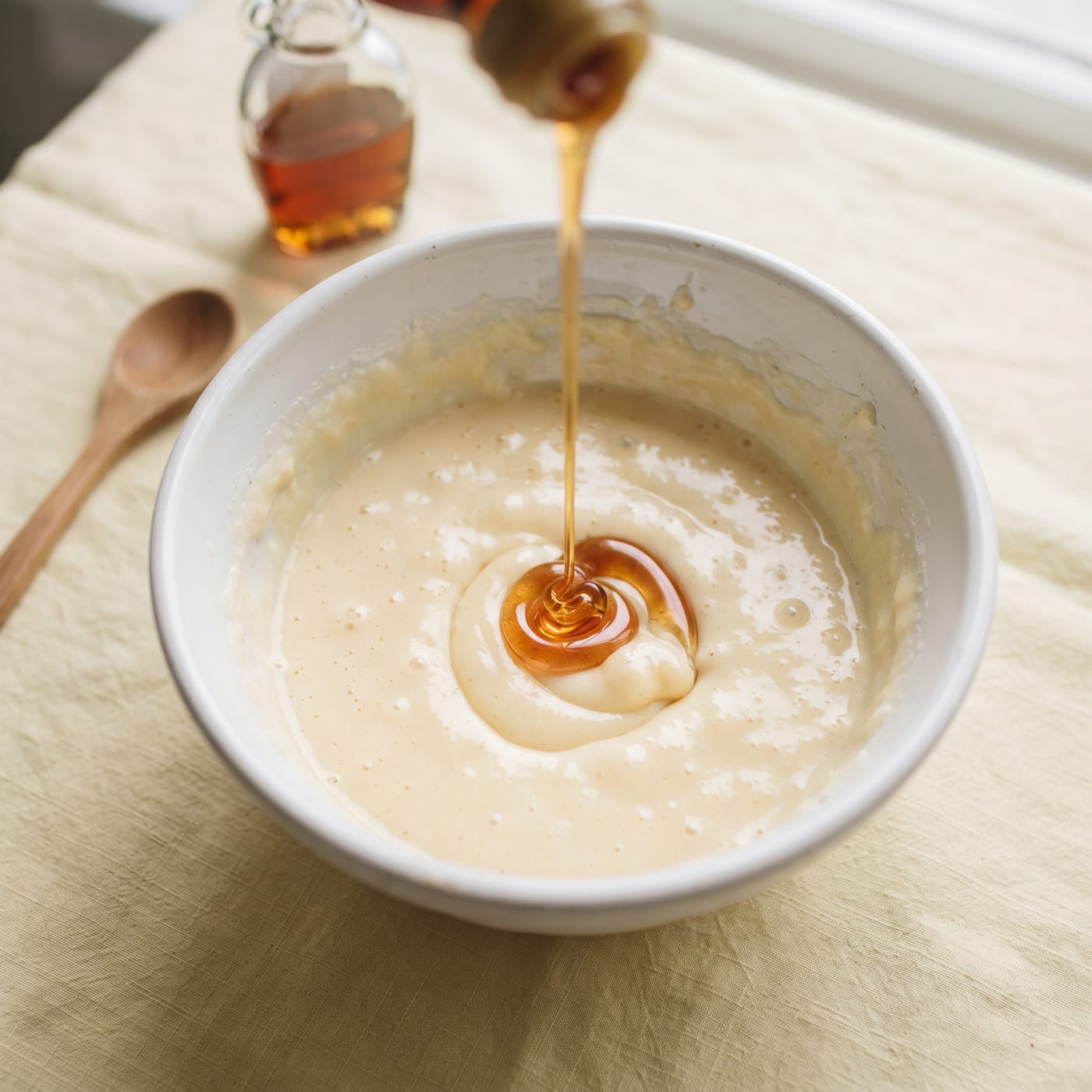 Agave syrup being poured into cupcake batter in a mixing bowl