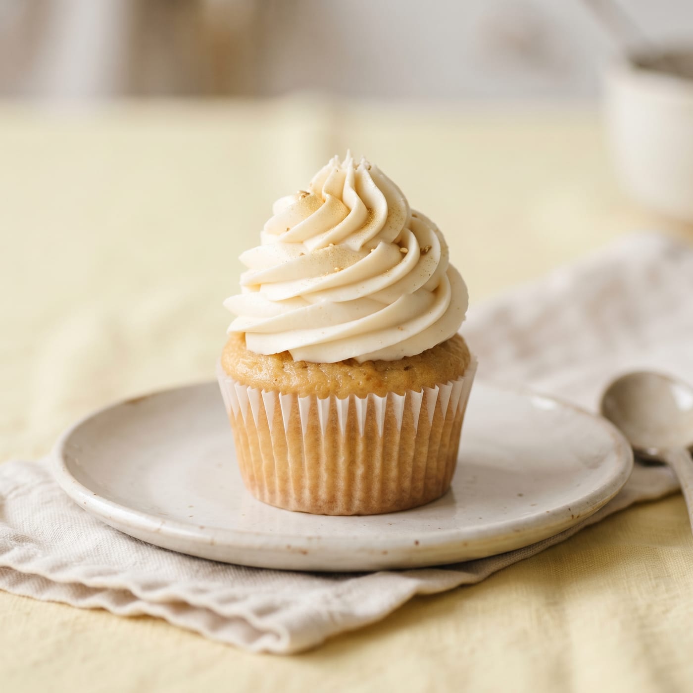 Vegan agave cupcake with tall swirled frosting on a pale butter yellow background