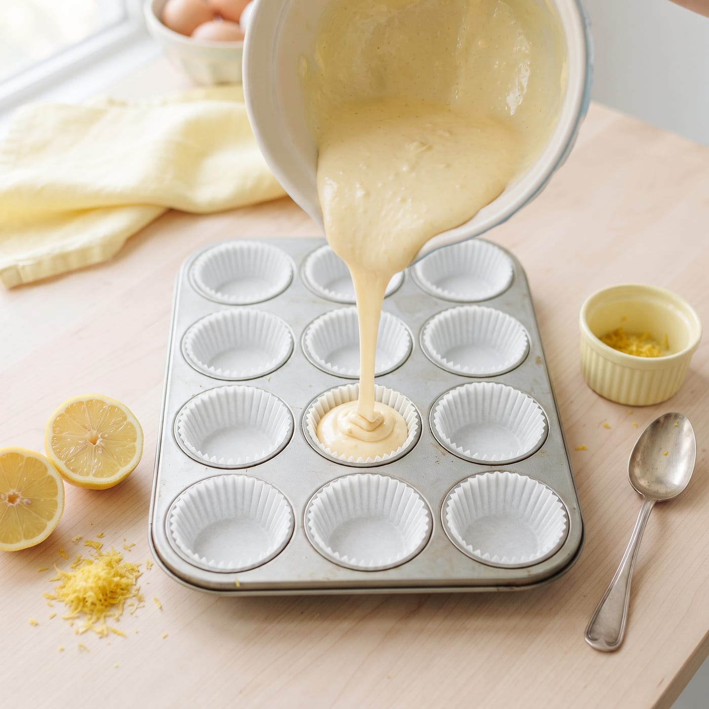 Hands-free shot of lemon cupcake batter being poured into paper liners in a muffin tin