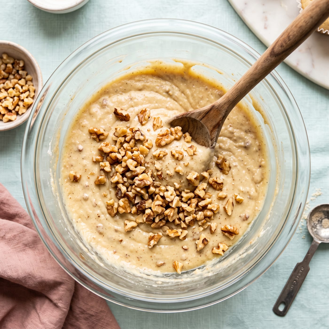 Chopped toasted walnuts being folded into vegan cupcake batter in a glass mixing bowl
