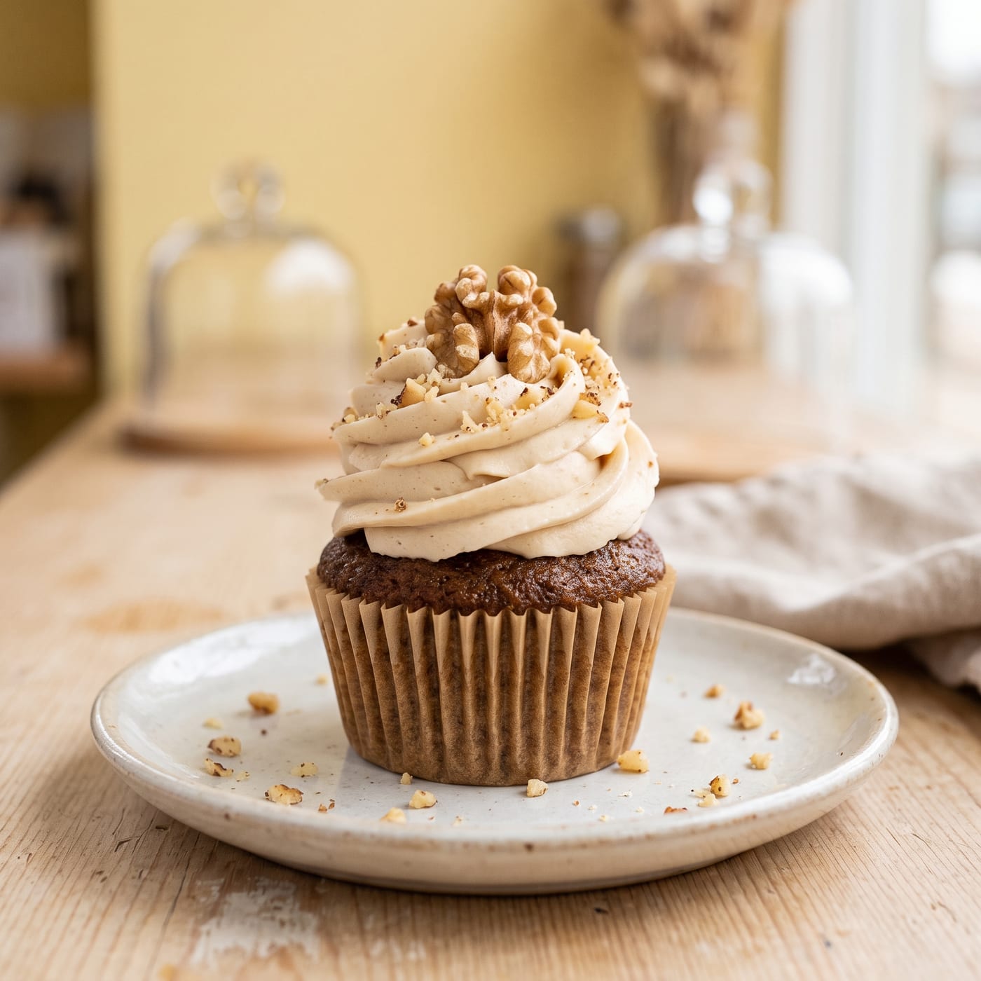 Vegan maple walnut cupcake with tall maple frosting swirl and a walnut half on top