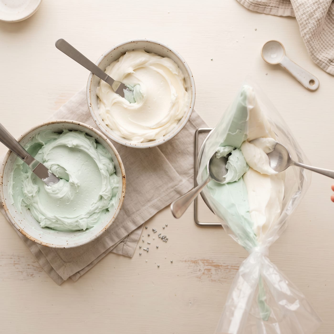 Two bowls of frosting, one pale green and one white, being combined in a piping bag