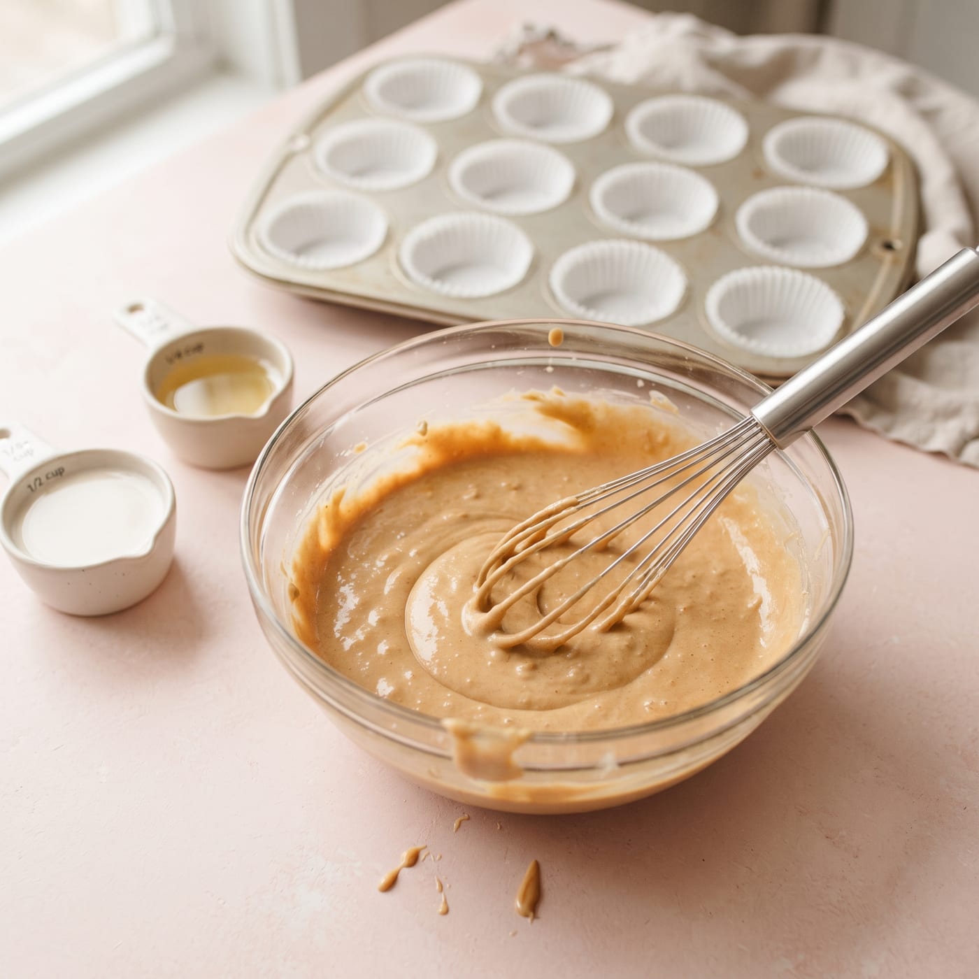 Peanut butter cupcake batter being mixed with a whisk in a glass bowl
