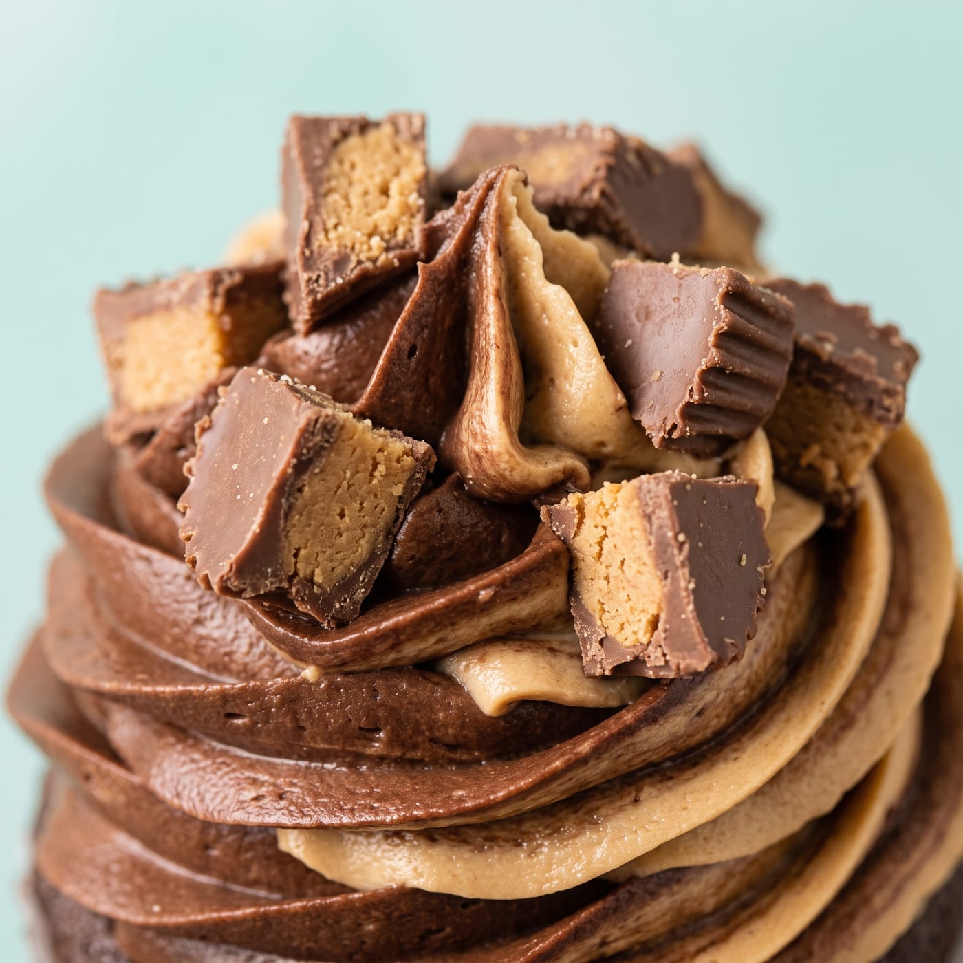 Close up of chocolate swirl frosting texture with peanut butter cup pieces on top of a cupcake