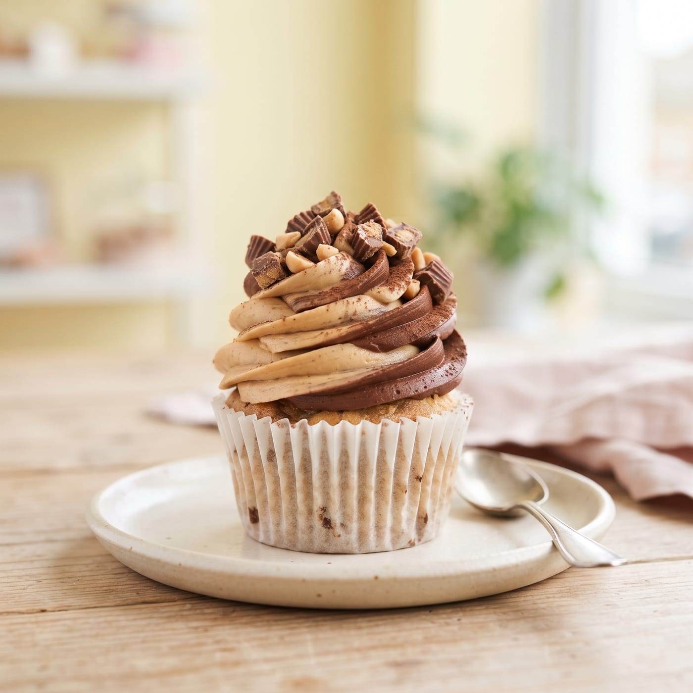 Vegan peanut butter cup cupcake with tall swirled chocolate frosting and chopped peanut butter cup topping