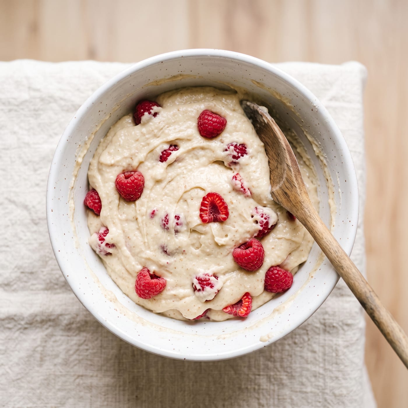 Raspberries being folded into pale almond cupcake batter in a mixing bowl
