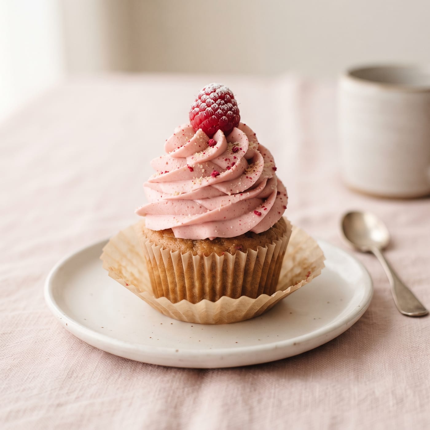Vegan raspberry almond cupcake with tall swirled frosting and a fresh raspberry on top