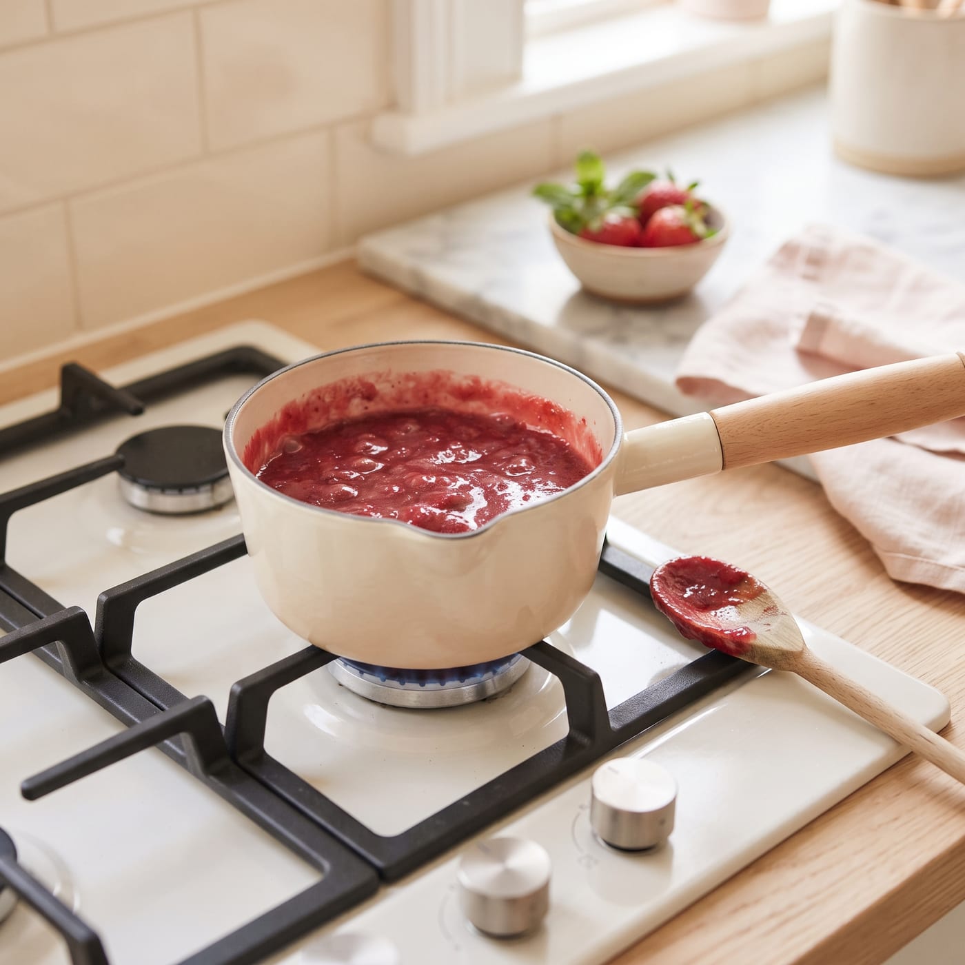 Fresh strawberries being reduced into thick puree in a small pot on the stove
