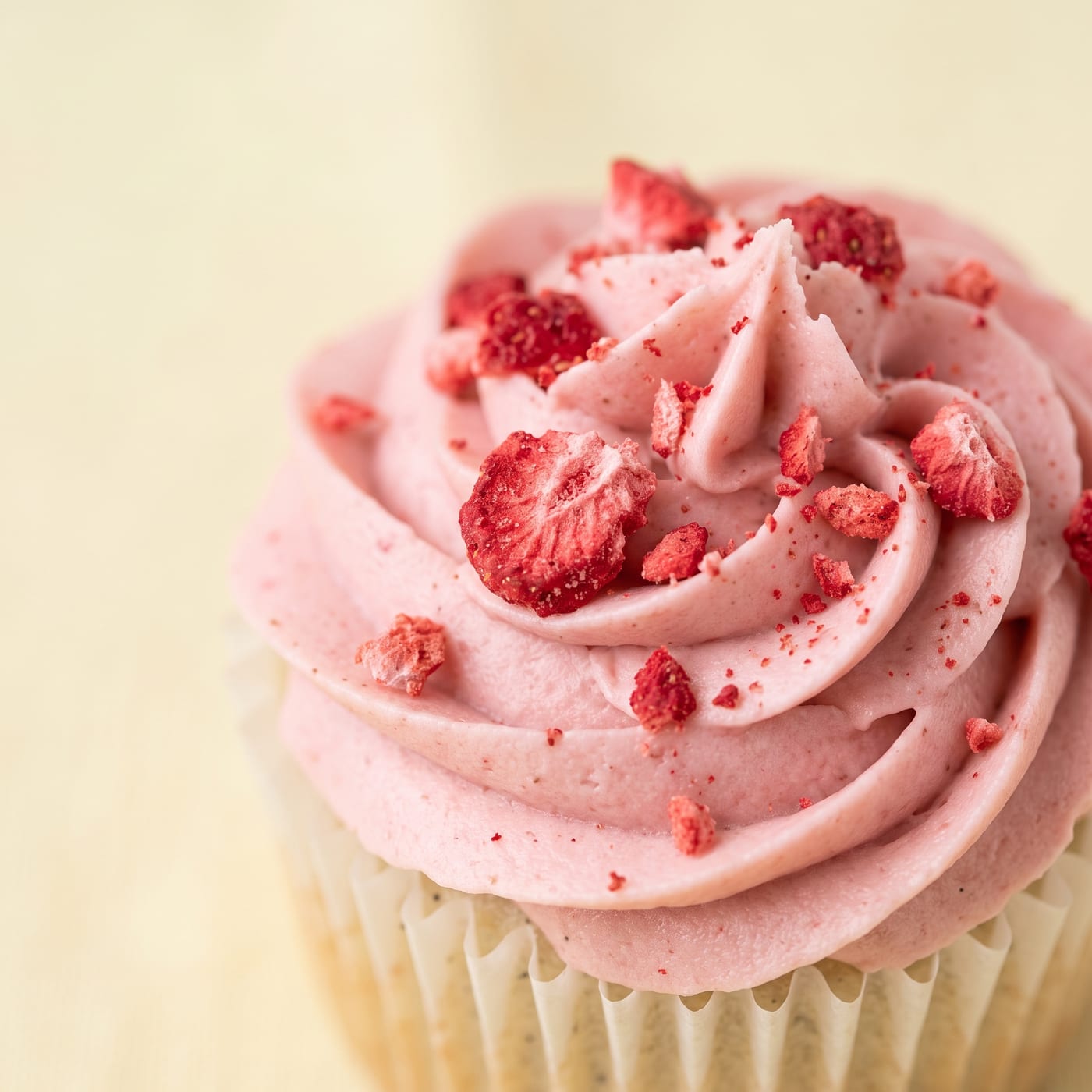 Close up of soft pink strawberry frosting swirl topped with freeze dried strawberry pieces