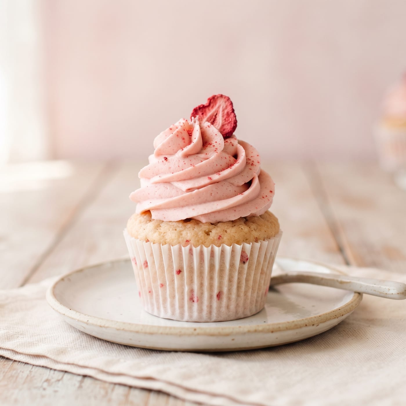 Vegan strawberry milk cupcake with tall pink swirled frosting on a pastel pink background