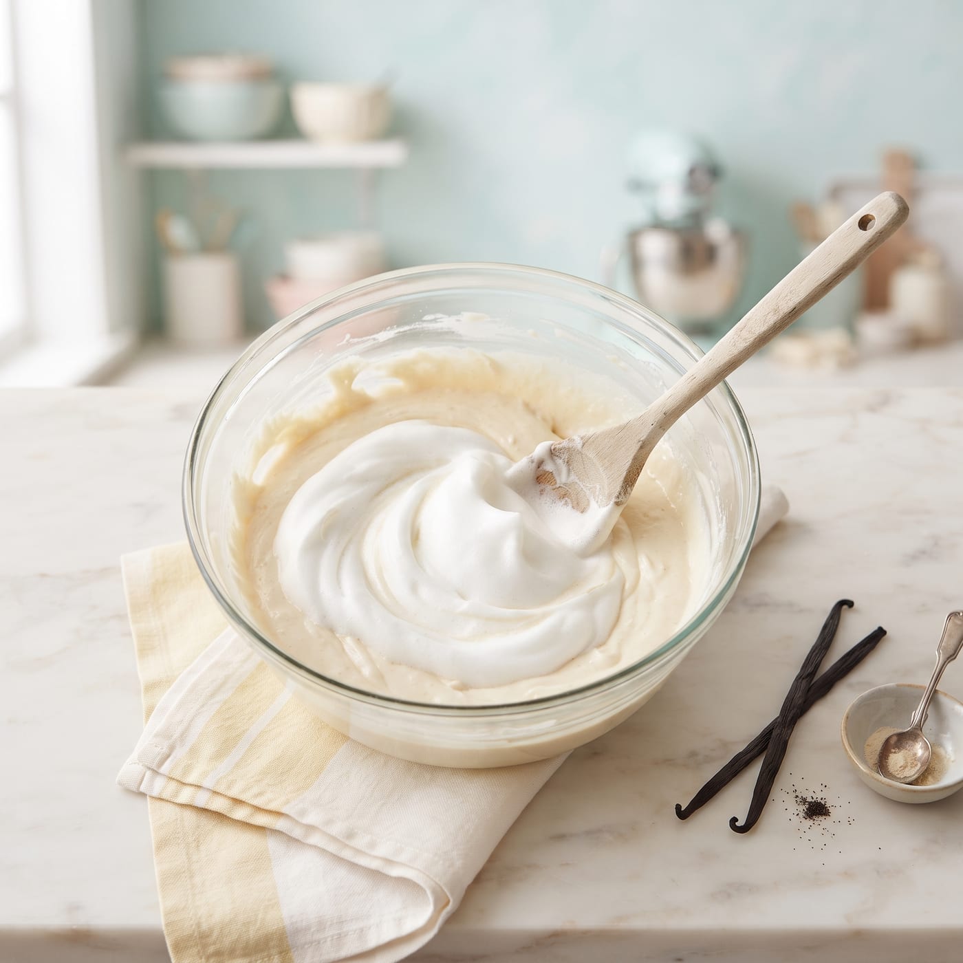 Bowl of whipped aquafaba being folded into vanilla cupcake batter