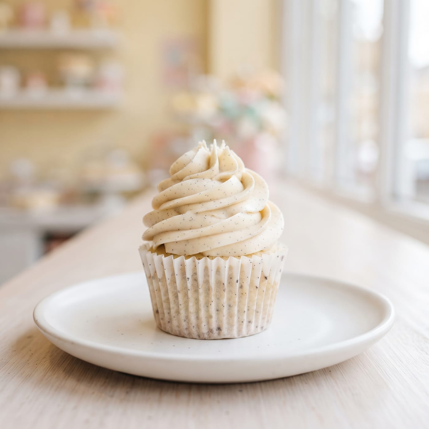 Vegan vanilla bean cupcake with tall swirled frosting on a pastel background